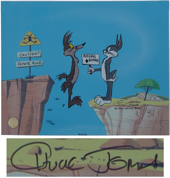 Chuck Jones Signed Limited Edition Hand-Painted Cel of ''Coyote Crossing'' Showing Bugs Bunny & His Nemesis Wile E. Coyote